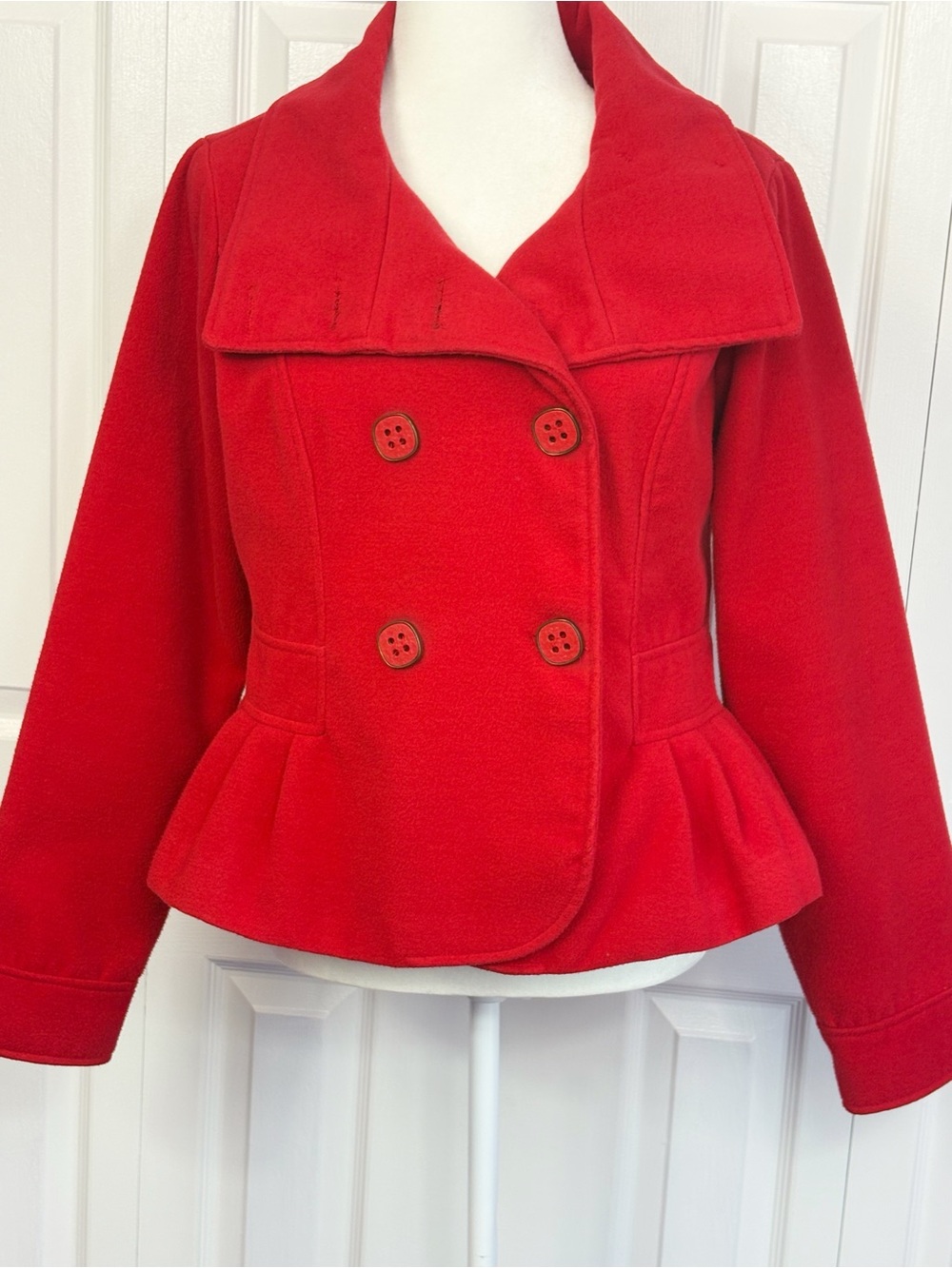 Vintage Oleg Cassini Red Wool Blend Double Breasted Pleated Peplum Jacket